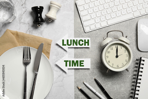 Obraz na płótnie Arrows with words Lunch Time symbolizing changeover from business hours to lunch break