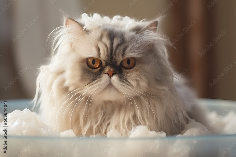 Persian cat bathes in a bath with foam. generative ai.