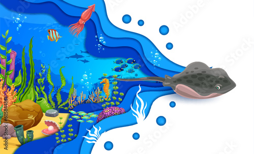 Cartoon stingray and fish on sea paper cut landscape with seaweeds. Vector tropical coral reef and ocean water waves background with 3d papercut borders, dolphins, seahorse and squid, fish and bubbles