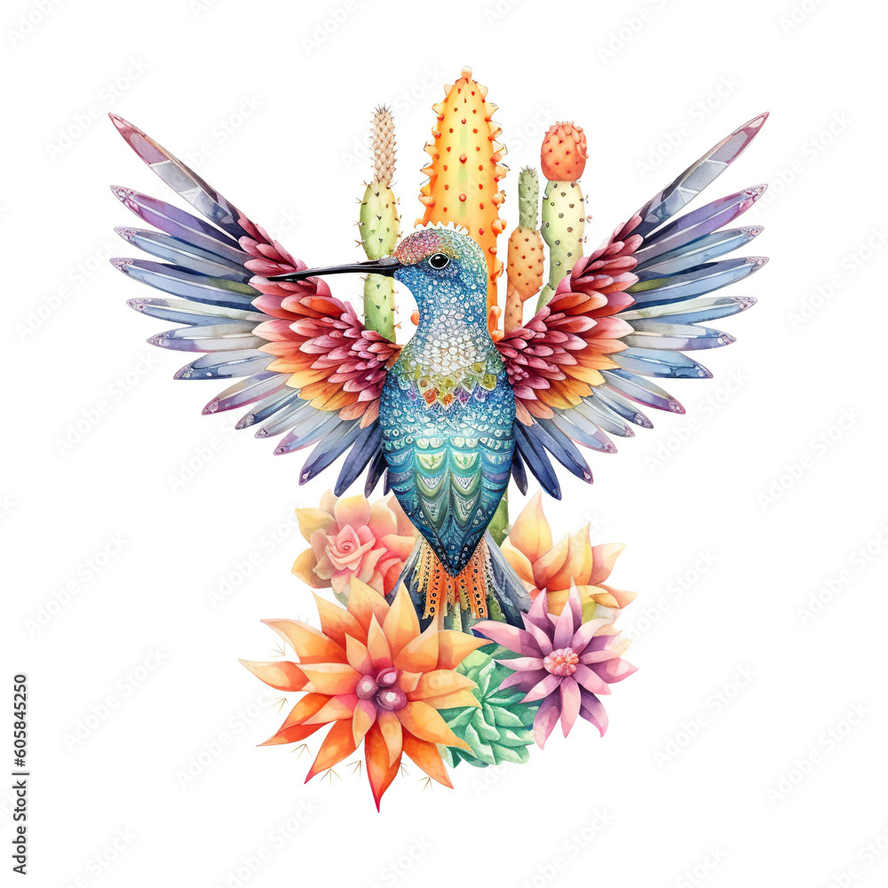 A colorful hummingbird with cactus and flowers on a white background. Generative AI. A colorful hummingbird with cactus and flowers on a white background. Generative AI.
