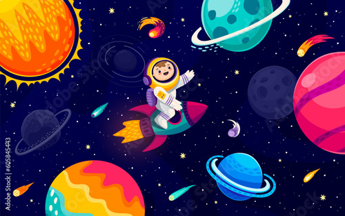 Cartoon astronaut on rocket in starry galaxy between space planets, comets and asteroids. Space exploration vector background with alien galaxy planets, funny kid astronaut character flying on rocket