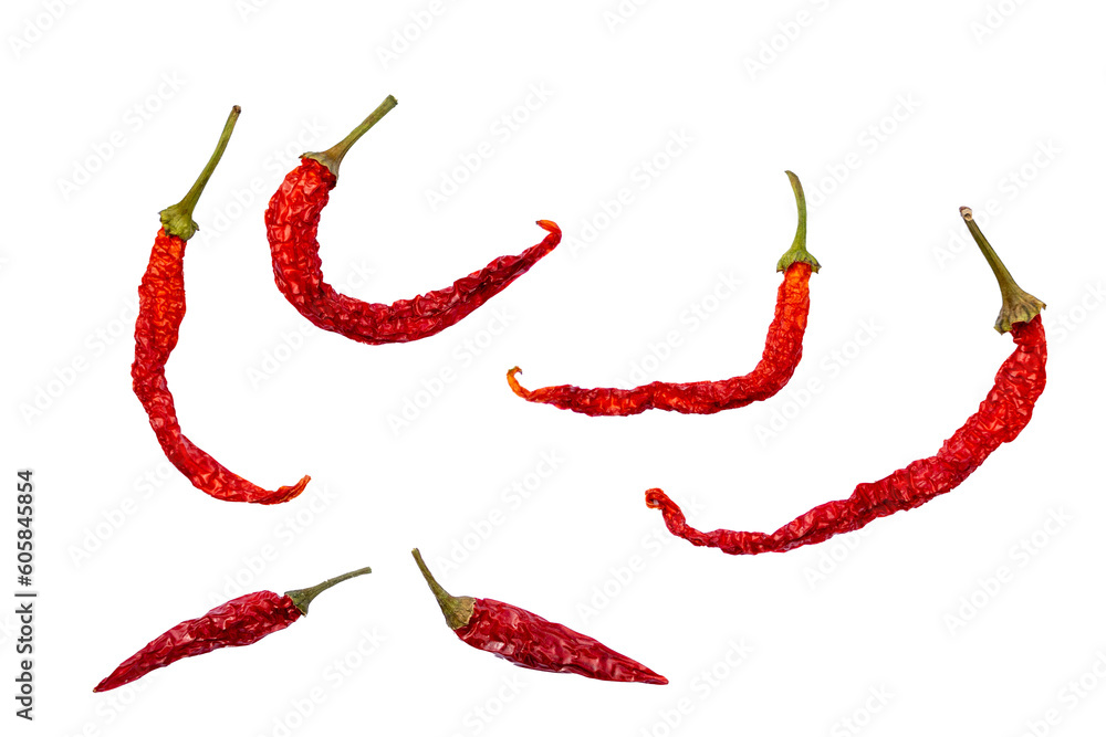 Dried red chili or chilli cayenne pepper isolated on white background / Set / different sice / transparent png Dried red chili or chilli cayenne pepper isolated on white background / Set / different sice / transparent png