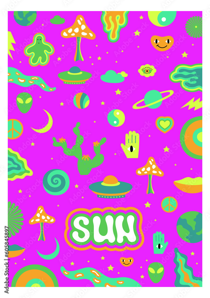 Colorful psychedelic print with retro pattern. Hippie poster Colorful psychedelic print with retro pattern. Hippie poster