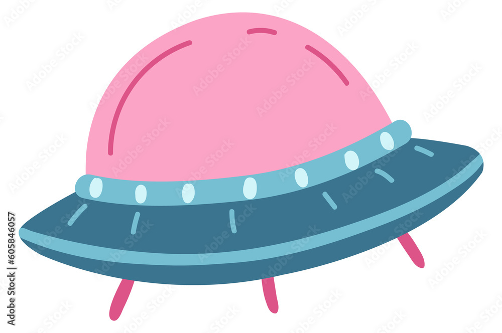 Fototapeta premium Ufo drawing. Cute color spaceship in hand drawn style