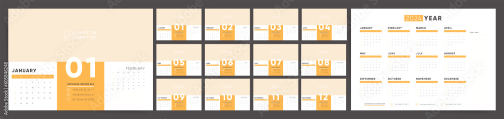 Horizontal desk monthly calendar for 2024. Business Calendar Template in Orange Colors. The week starts on Sunday.