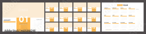Horizontal desk monthly calendar for 2024. Business Calendar Template in Orange Colors. The week starts on Sunday.