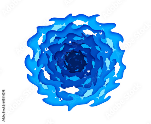 Underwater paper cut banner, sea fish shoal silhouette. 3d vector marine background, frame with spinning vortex of fishes in depth create an intriguing stunning backdrop for ocean-themed projects