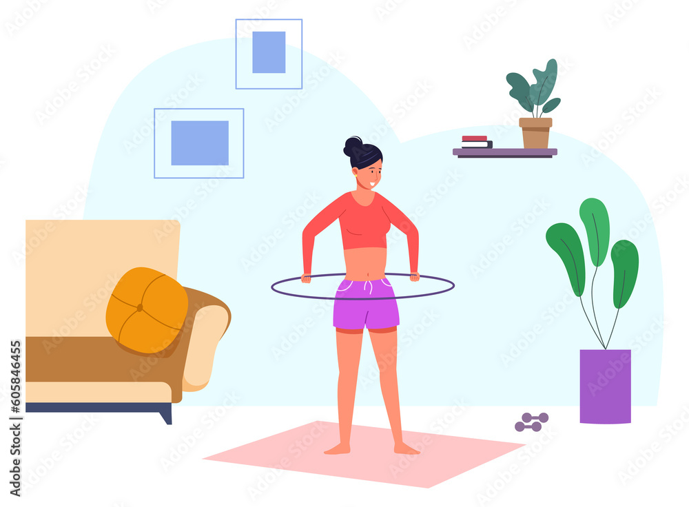 Home workout concept. Woman training in house room interior