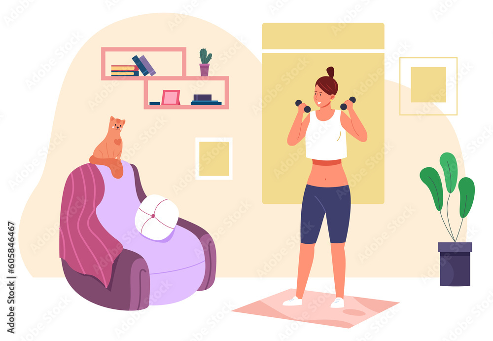 Home exercise concept. Smiling woman with dumbbells at home