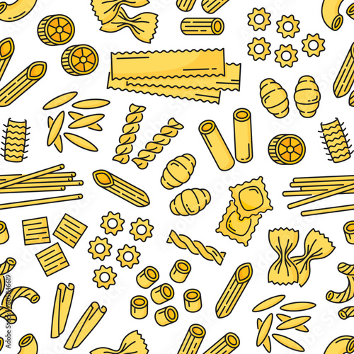 Pasta type outline seamless pattern. Wrapping paper print, textile vector seamless background or vector pattern with stelle, ravioli, ditalini and cannelloni, spaghetti, gavatappi Italian pasta