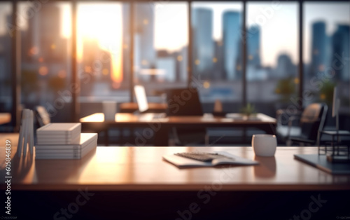 blurred office workspace interior workplace with cityscape for business presentation background  Generative AI 