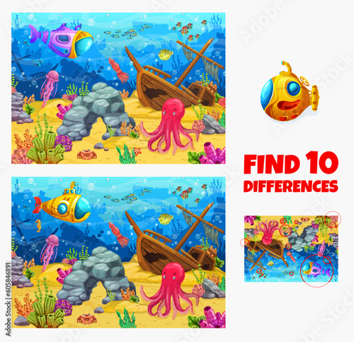 Find ten differences on sea underwater landscape. Cartoon vector kids game worksheet with octopus, sunken ship, submarine and jellyfish on ocean bottom. Educational children riddle, leisure activity
