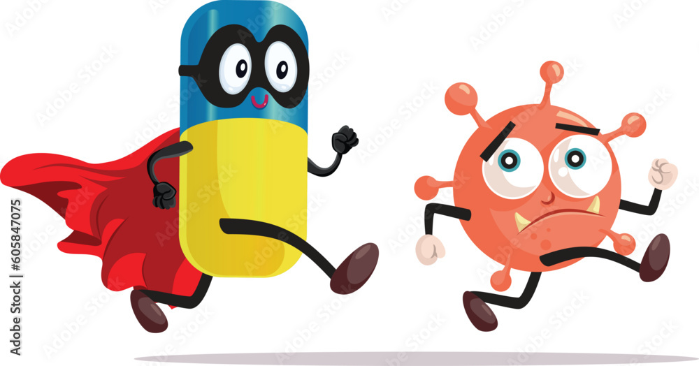 Superhero Pill Running to Catch a Scared Flu Virus Character Vector