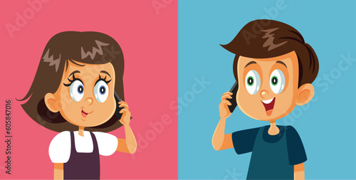 Boy and Girl Speaking on the Phone with Each Other Vector Cartoon Illustration. Friends talking sharing gossip and stories
