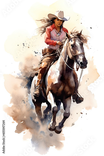 A painting of a woman riding a horse. Generative AI.
