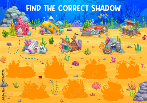 Find the correct shadow of cartoon fairytale underwater house buildings. Shadow match kids game or quiz vector worksheet with submarine, sunken ship, treasure chest and castle, cave fantasy dwellings