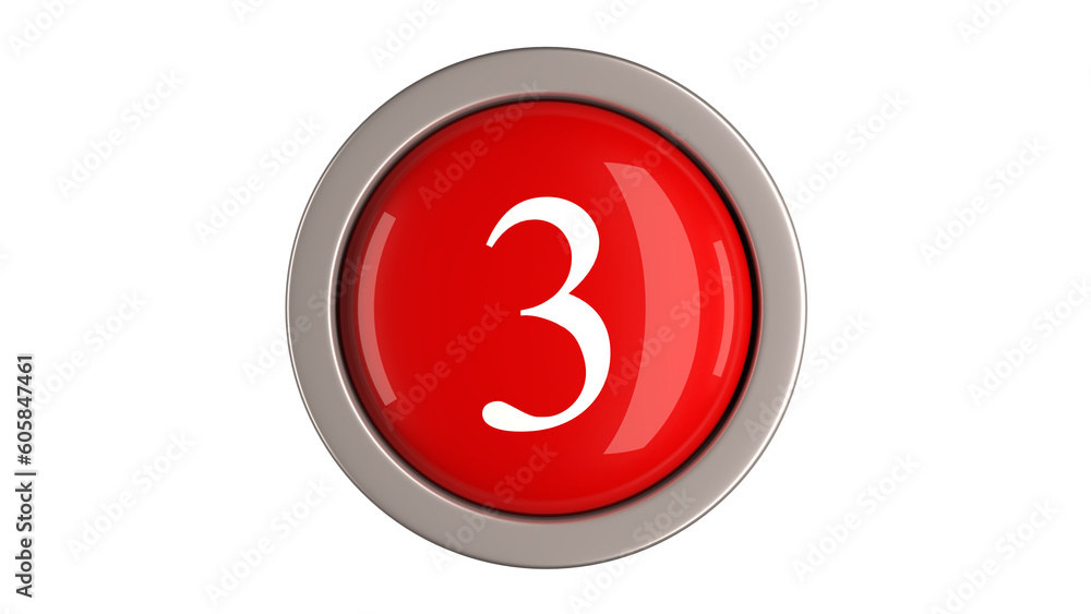 Red Button 3d with Number 3 white color  on top, 3d button PNG isolated white background