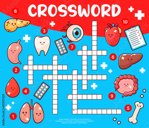 Crossword quiz game. Sick human body organ diseases. Vocabulary kids puzzle, crossword grid quiz vector worksheet with sick pancreatic, stomach, tooth and eyeball, heart, liver cartoon characters