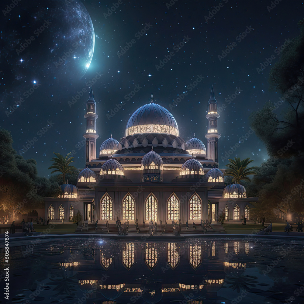 Ultra realistic mosque, night mode, with stars in sky, religious vibe generative ai