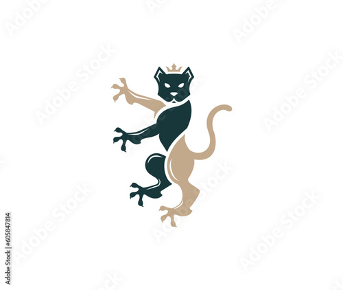 Cat and crown heraldry logo. Royal heraldic animal coat of arms crown icon. Luxury vintage style