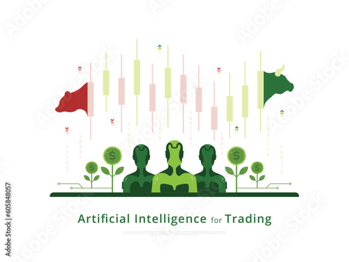 Utilization of artificial intelligence in the stock market which is shown by a candlestick chart with bull and bear faces to represent the bearish market and bullish market