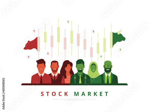 Reaction of people or investors for the dynamic or fluctuating stock market which is shown by a candlestick chart with bull and bear faces to represent the bearish market and bullish market