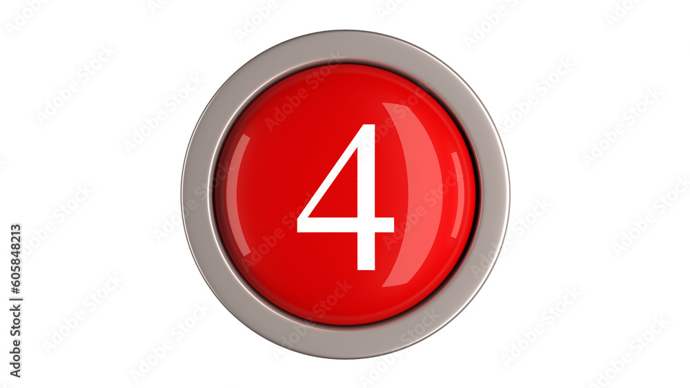 Red Button 3d with Number 4 white color on top, 3d button PNG isolated white background Red Button 3d with Number 4 white color on top, 3d button PNG isolated white background