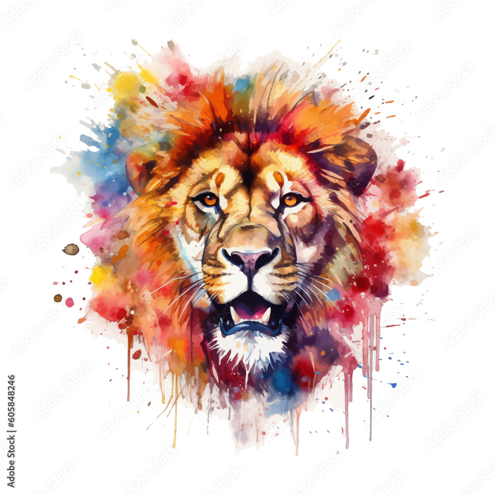 Lion head with watercolor splashes