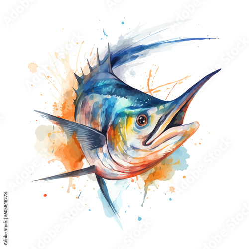 Marlin fish with watercolor splashes
