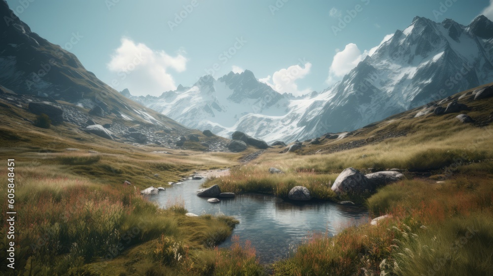 Beautiful mountain scenery. Generative AI. 