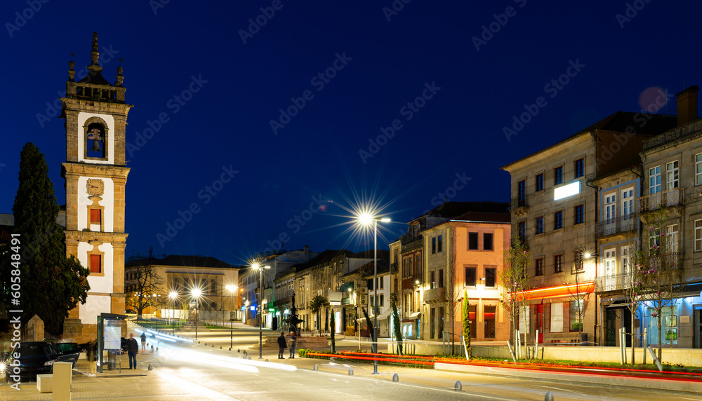 Scenic view of Portuguese town of Vila Real with medieval houses and Cathedral at main Carvalho Araujo avenue at night