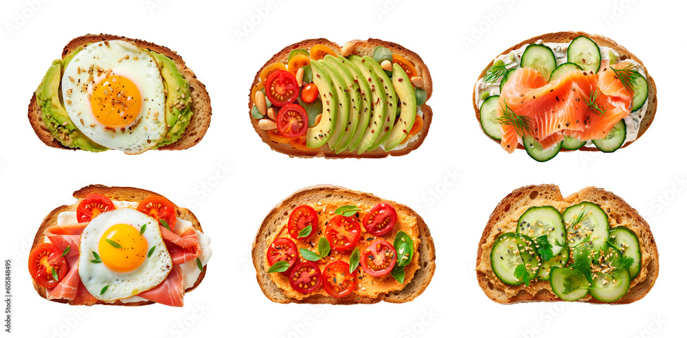Healthy breakfast sandwiches isolated on transparent background. Generative AI