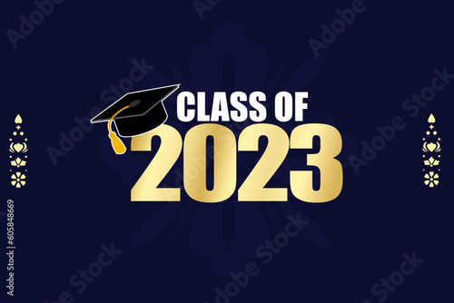 Class of 2023, word lettering script gold banner. Congrats Graduation lettering with academic cap. isolated on dark blue background