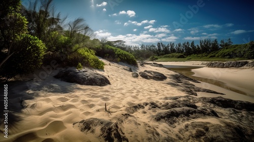 Beach coast with rocks and vegetation Generative AI