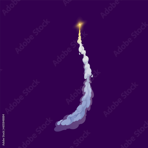 Cartoon rocket or missile smoke trail. Space rocket or jet airplane propulsion trace, asteroid or comet fireball motion contrail or aviation plane flight vector trail. Spaceship takeoff fire track
