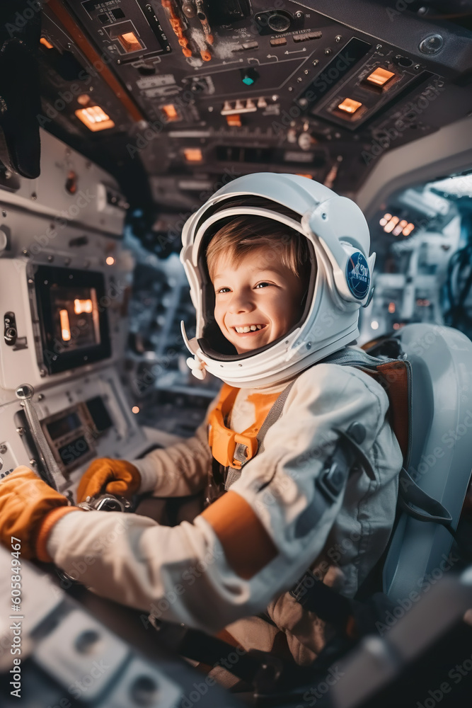 A little boy in a space suit sitting in a space ship. Generative AI. A little boy in a space suit sitting in a space ship. Generative AI.