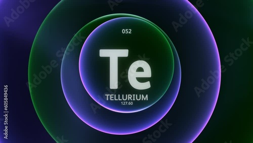 Tellurium as Element 52 of the Periodic Table. Concept animation on abstract green purple gradient rings seamless loop background. Title design for science content and infographic showcase backdrop.