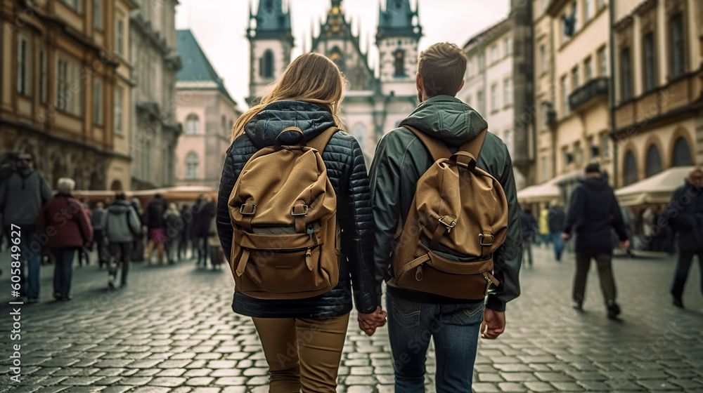 A man and a woman walking down a cobblestone street. Generative AI. Backpacker tourists.