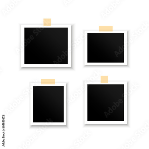 Photo frame with adhesive tape of different paper clip. Photo realistic vector makeup. Vector illustration.