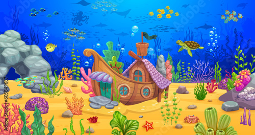 Cartoon underwater sea landscape with sunken boat and seaweeds. Wooden sail ship house building lying on the ocean bottom. Vector aquarium decor, mermaid home, fantasy boat dwelling, fairytale vessel