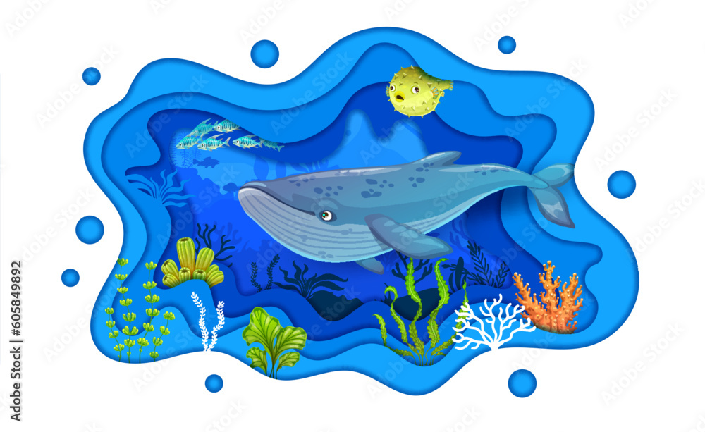 Cartoon whale, puffer fish and shoal on underwater paper cut landscape vector background. Sea and ocean water animals, corals, seaweed and algae plants with 3d frame of papercut wavy layers