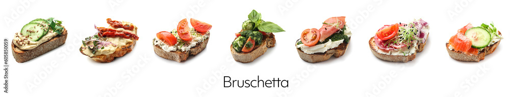 Set of different bruschettas on white background