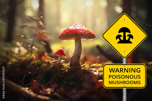 Warning sign: Warning poisonous mushrooms - Toadstools in the Forest - based on generative AI photo