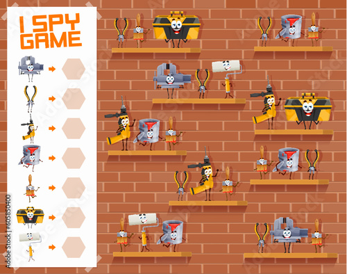 I spy game cartoon repair DIY work tool characters, vector kids quiz worksheet. Find and match same funny toolbox and drill, carpentry pliers and paintbrush with woodwork vise or paint bucket