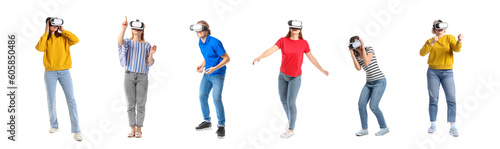 Set of many people in VR glasses isolated on white