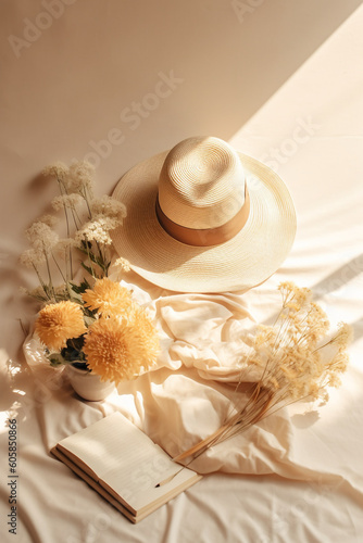 Flat lay of straw hat, pens, flowers, papers on beige background sunlight reflections, soft shadow, soft light, minimal style, right copy space, setting, Canva