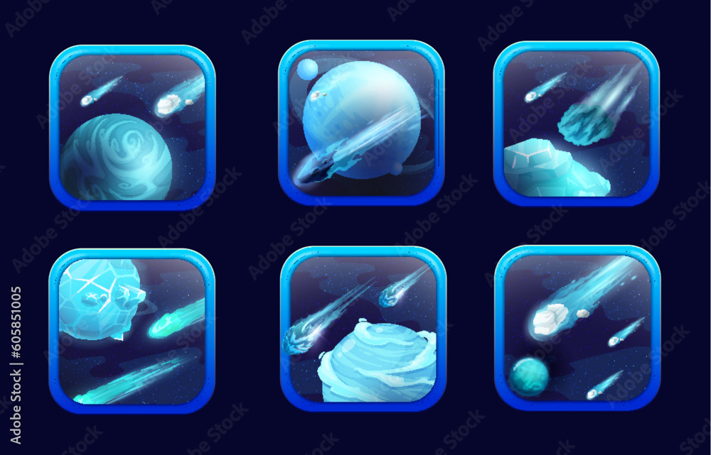 Cartoon space game app icons. Blue and turquoise planets and asteroids ...