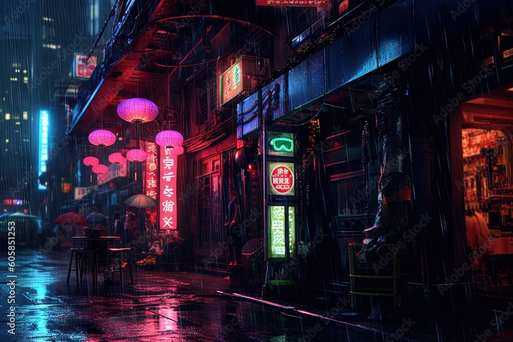 Rain in cyberpunk futuristic city. Dark rainy day with skyscrapers. Generative ai.