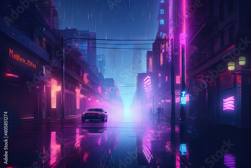 Rain in cyberpunk futuristic city. Dark rainy day with skyscrapers. Generative ai.