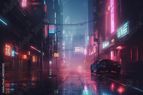 Rain in cyberpunk futuristic city. Dark rainy day with skyscrapers. Generative ai.